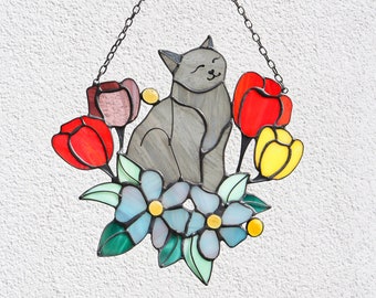 Suncatcher Cat in Tulip Flowers Stained Glass Window Hanging Decor Cat Art gift Window Panel Glass Wall Window Hangings Mother’s Gift