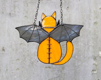 Suncatcher Cat with bat wings Stained Glass Window Hangins Gothic Decor Cat Art gift Gift idea for cat lover Halloween decor for home