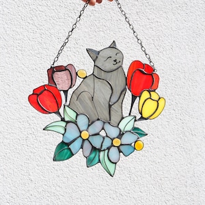 Suncatcher Cat in Tulip Flowers Stained Glass Window Hanging Decor Cat Art gift Window Panel Glass Wall Window Hangings Mothers Gift Dark gray