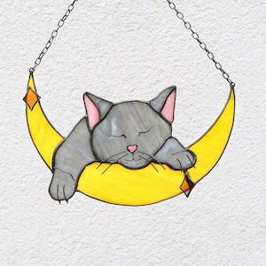 Cat on the Moon Suncatcher Stained Glass Window Hangins Glass Wall Decor Cat Art gift Custom Cat Gift idea for cat lover