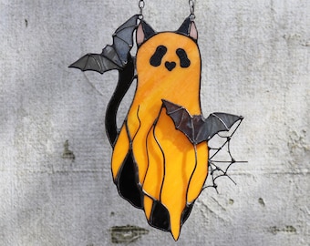 Suncatcher Orange Cat-Ghost Stained Glass Gothic Hanging Decor Cat Art gift Glass Wall Window Hangings Halloween decor for home