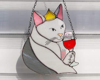 Cat princess with a glass of wine Suncatcher Stained Glass Window Hangins Glass Wall Decor Cat Art gift Custom Cat Gift idea for cat lover