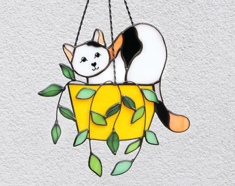 Gato en una maceta Suncatcher Vidriera Hangins Glass Wall Decor Cat Art regalo Custom Cat Gift idea para amante de los gatos