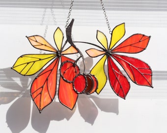 Suncatcher Сhestnut red leaves Stained glass window decor Hanging home decor Gift for gardener Glass wall art Plant lover gifts idea