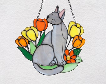 Suncatcher Cat in Flowers Stained Glass Window hangins Glass wall decor Custom cat Gift idea for cat lovers Cat hanging decoration