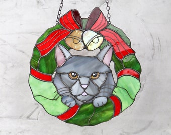 Suncatcher Сat in a Christmas wreath Stained Glass Window Hangins Christmas home decor Cat Art gift Unique wall decor Custom pet portrait