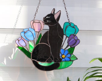 Suncatcher Cat in Flowers Stained Glass Window Hangins Glass Wall Decor Cat Art gift Custom Cat Gift idea for cat lover Handmade gift