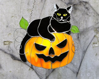 Suncatcher Сat on a Spooky Pumpkin Stained Glass Gothic Hanging Decor Cat Art gift Glass Wall Window Hangings Halloween decor for home