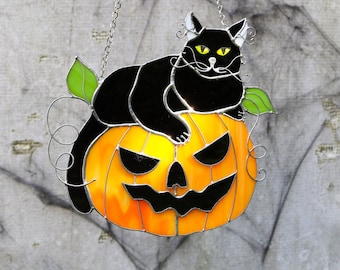 Suncatcher Сat on a Spooky Pumpkin Stained Glass Gothic Hanging Decor Cat Art gift Glass Wall Window Hangings Halloween decor for home