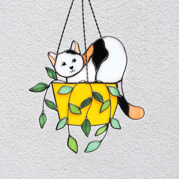 Chat dans un pot de fleurs attrape-soleil pour vitrail, décoration murale en verre, cadeau art chat personnalisé, idée cadeau chat pour les amoureux des chats