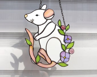 Mouse in flowers Suncatcher Stained glass Window hangins Glass wall decor Unique teenage girl gift Handmade gift for the home