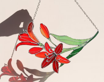 Lily Red Flower Stained Glass Suncatcher Spring Gift Home decor Window Hangings Glass wall art Flower suncatcher Hand made gifts for her