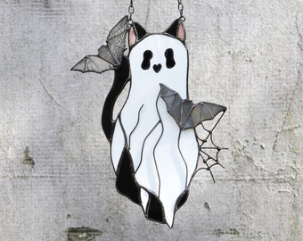 Suncatcher gato-fantasma vitral gótico colgante decoración gato arte regalo vidrio pared ventana colgantes decoración de Halloween para el hogar