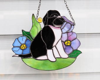 Suncatcher Dog in flowers Stained Glass decor for home Handmade gift Glass Wall Window Hangings Custom pet portrait Gift for pet lover