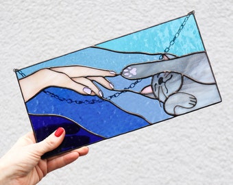 Suncatcher Cat reaching for a human hand with its paw Stained glass window panel Hanging home decor Glass wall art Gift for cat lovers