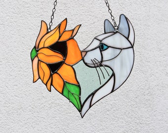 Suncatcher Cat and Sunflower Stained Glass Window hangins Glass wall decor Custom cat Gift idea for cat lovers Cat hanging decoration