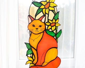 青い目の猫と蝶と花のステンドグラスアート - 気まぐれな猫の自然風景