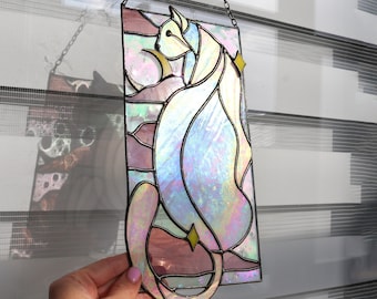 Suncatcher Cat in clouds whith moon Stained glass Hanging decor Cat Art Gifts Window panel Glass wall art Gift idea for cat lovers