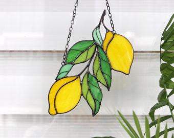 Branch of a lemon tree Suncatcher Stained glass window decor Hanging home decor Gift for gardener Glass wall art