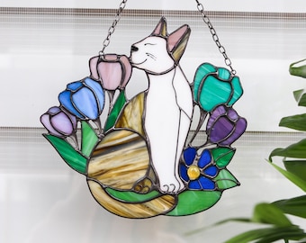 Suncatcher Cat in Flowers Stained Glass Window hangins Glass wall decor Custom cat Gift idea for cat lovers Cat hanging decoration