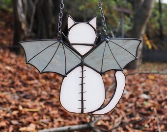 Suncatcher Cat with bat wings Stained Glass Window Hangins Gothic Decor Cat Art gift Gift idea for cat lover Halloween decor for home