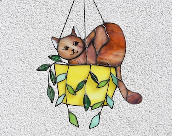 Cat in a flowerpot Suncatcher Stained Glass Window Hangins Glass Wall Decor Cat Art gift Custom Cat Gift idea for cat lover