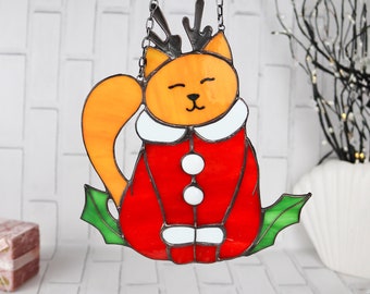 Attrape-soleil plat dans un costume de renne de Noël Décoration de Noël pour vitrail, décoration de Noël, Art de chat, cadeau pour décoration d'intérieur mignonne