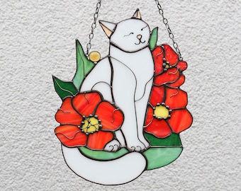 Suncatcher White Cat in Poppy Flowers Stained Glass Window Hanging Panel Glass Wall Decor Cat Art gift Mother’s Gift Custom Cat