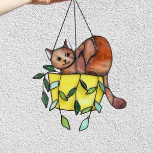 Cat in a flowerpot Suncatcher Stained Glass Window Hangins Glass Wall Decor Cat Art gift Custom Cat Gift idea for cat lover Brown cat