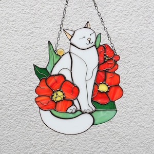 Suncatcher White Cat in Poppy Flowers Stained Glass Window Hanging Panel Glass Wall Decor Cat Art gift Mother’s Gift Custom Cat
