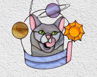 Suncatcher Сat in the solar system Stained Glass Window Hangins Glass Wall Decor Cat Art gift Custom Cat Gift idea for cat lover