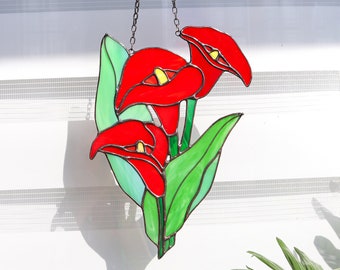 Red Calla Lily flowers Stained glass Flower decor Suncatcher Wall art Hand made gifts for her Home decor Window Hangings Glass wall art