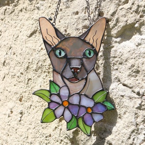 Suncatcher Siamese Cat in Flowers Stained Glass Window hangins Glass wall decor Custom cat Gift idea for cat lovers Cat hanging decoration