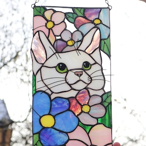 Suncatcher Cat in flowers Stained Hanging wall decor Cat Art Gifts Window panel Glass wall art Cat lover Window decor