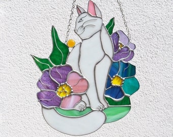 Suncatcher Cat in Flowers Stained Glass Window Hangins Glass Wall Decor Cat Art gift Mothers day gift idea Cat Cat lover window suncatcher