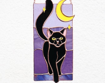 Suncatcher Black Cat under the Moon Gothic Stained glass Hanging decor Cat Art Gifts Window panel Glass wall art Halloween gift Custom Art