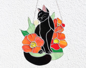 Suncatcher Zwarte Kat in Klaproos Bloemen Glas-in-loodraam Hangins Glazen Muurdecoratie Kat Kunstcadeau Moederdagcadeau Aangepaste Kat