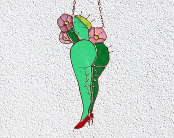 Lustige Kaktus Glasmalerei Suncatcher Frühling Geschenk Haus Home Decor Fenster hängende Glaswand Kunst Pflanzendekor Lustige Kunst Frauen Silhouette