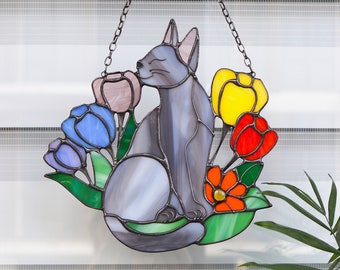 Suncatcher Cat in Flowers Stained Glass Window Hangins Glass Wall Decor Cat Art gift Custom Cat Gift idea for cat lover Handmade gift