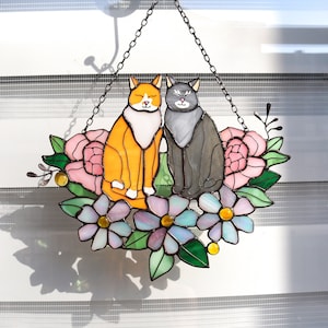 Suncatcher Two Cats in Flowers Stained Glass Window Hangins Glass Wall Decor Cat Art gift Custom Cat Gift idea for cat lover Handmade gift Orange and Gray