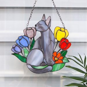 Suncatcher Cat in Flowers Stained Glass Window Hangins Glass Wall Decor Cat Art gift Custom Cat Gift idea for cat lover Handmade gift Gray