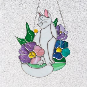 Attrape-soleil chat en fleurs vitrail Hangins décoration murale en verre chat Art cadeau fête des mères idée cadeau chat amoureux des chats fenêtre attrape-soleil Cat/purple flowers
