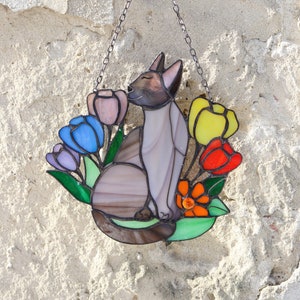 Suncatcher Siamese Cat in Flowers Stained Glass Window hangins Glass wall decor Custom cat Gift idea for cat lovers Cat hanging decoration