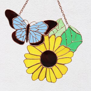 Suncatcher Butterfly on Sunflower Stained glass Wall art Window Hangings Spring Gift Home Decor Anything sunflower Mothers Day gift