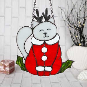 Suncatcher Сat in a Christmas reindeer costume Stained Glass Window Hangins Christmas home decor Cat Art gift Cute home decor Gray