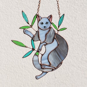 Suncatcher Grey Cat in Green Leaves Stained Glass Window Hanging Decor Cat Art gift Glass Wall Window Hangings Mother’s Gift
