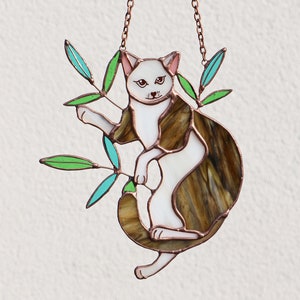 Suncatcher Brown Cat in Green Leaves Stained Glass Window Hanging Decor Cat Art gift Glass Wall Window Hangings Mother’s Gift