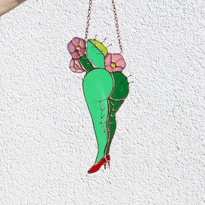 Funny Cactus Stained Glass Suncatcher Spring Gift House Home Decor Window Hanging Glass wall art Plant art decor Funny art Women silhouette