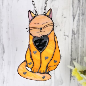 Cute Orange Cat in love Suncatcher Stained Glass Window Hanging Decor Cat Art gift Glass Wall Window Hangings Mother’s Gift