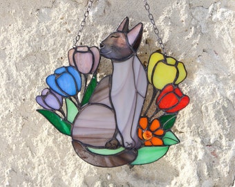 Suncatcher Siamese Cat in Flowers Stained Glass Window hangins Glass wall decor Custom cat Gift idea for cat lovers Cat hanging decoration